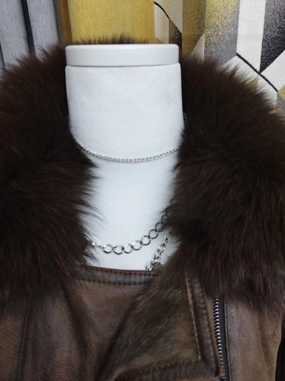 Brown Rabbit Fur Lined Leather Coat with Fox Fur Collar – Size M - Picture 2 of 6